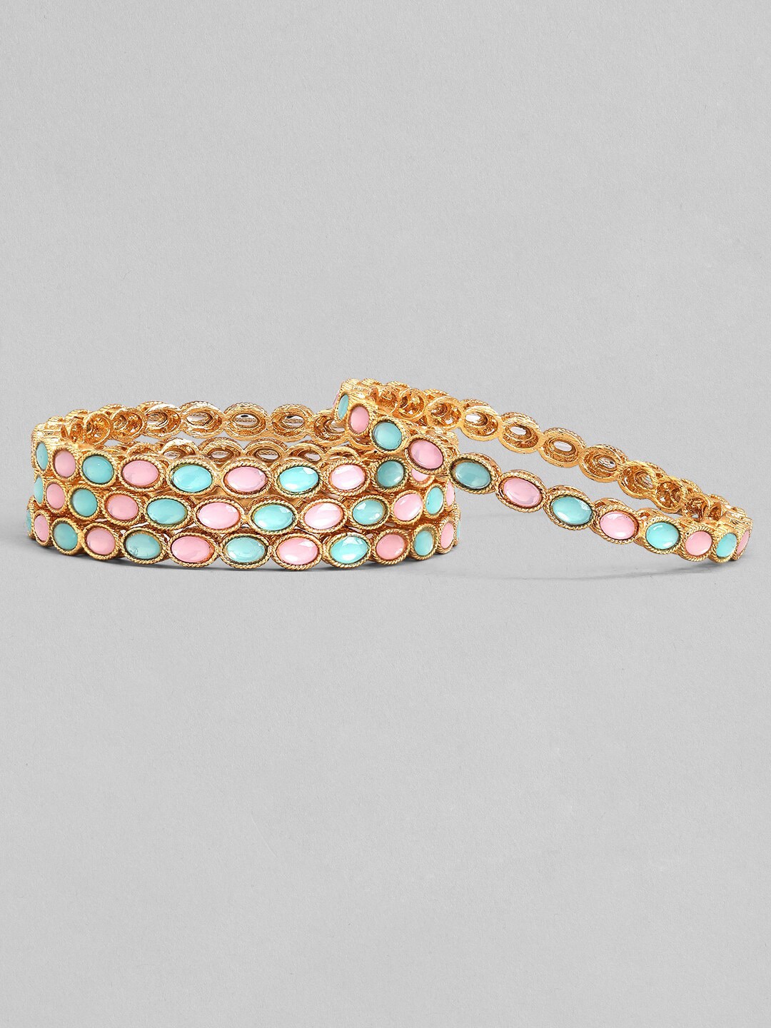 

Rubans Set of 4 Gold-Plated Pink & Blue Stone Studded Bangles
