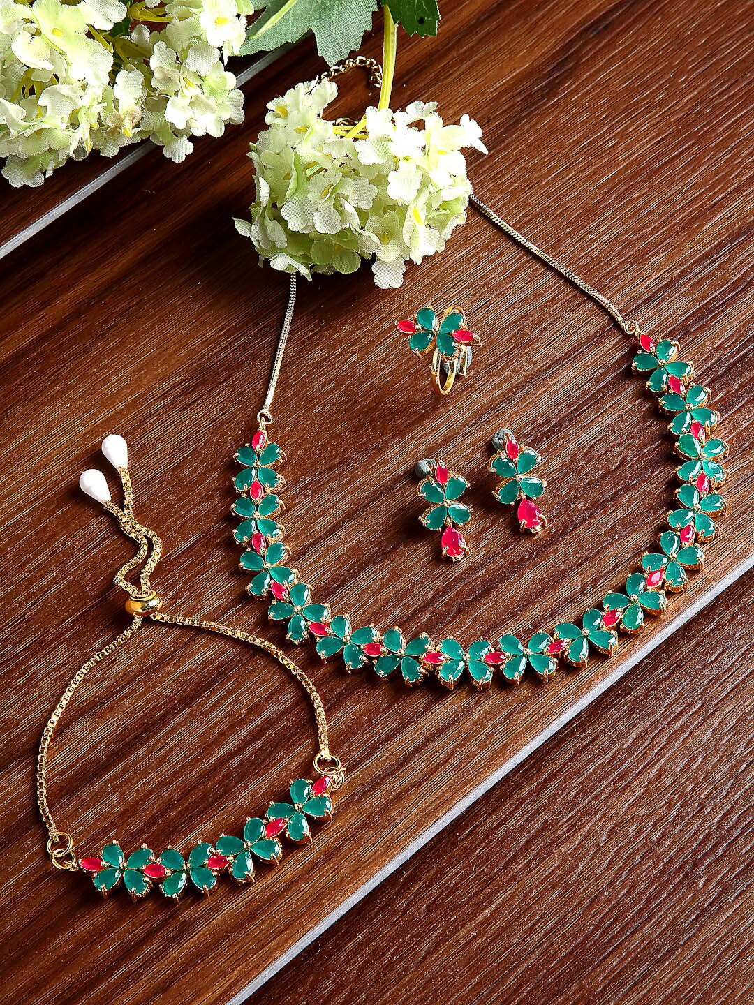 

ZENEME Green & Red Flower Shaped Gold Plated American Diamond Studded Jewellery Set