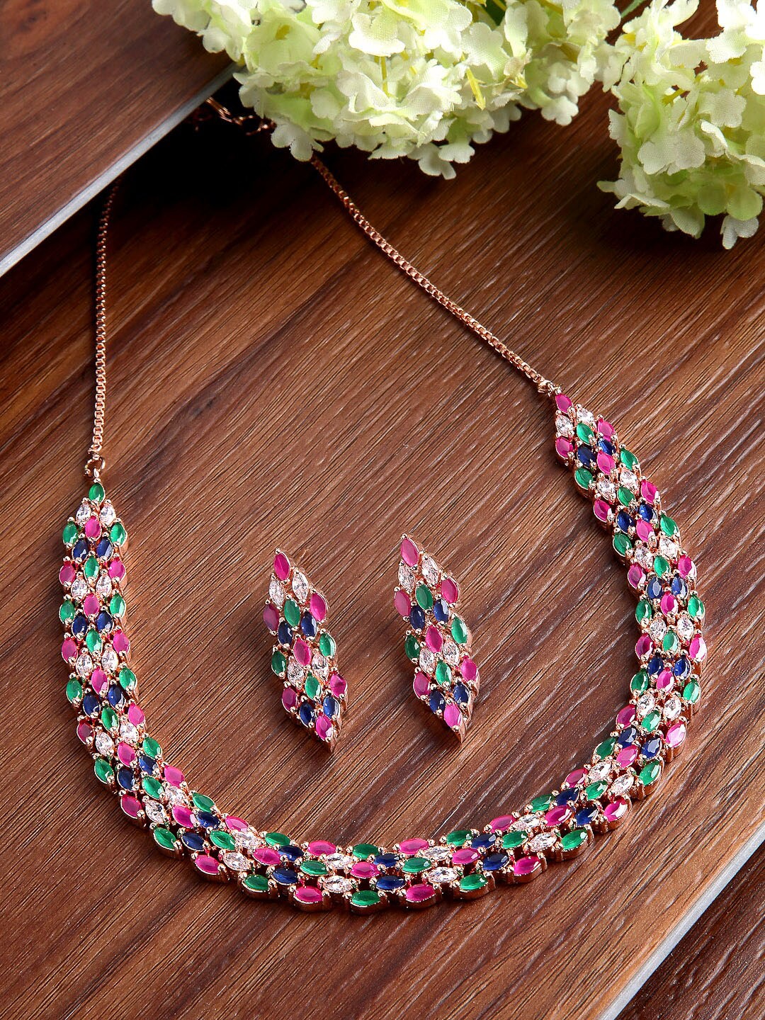 

ZENEME Rose Gold-Plated Pink & White AD-Studded Handcrafted Jewellery Set