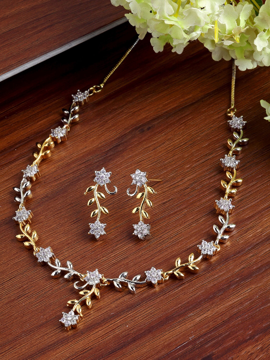 

ZENEME Gold-Plated Silver-Toned & White AD-Studded Leaf & Flower Shaped Handcrafted Jewellery Set