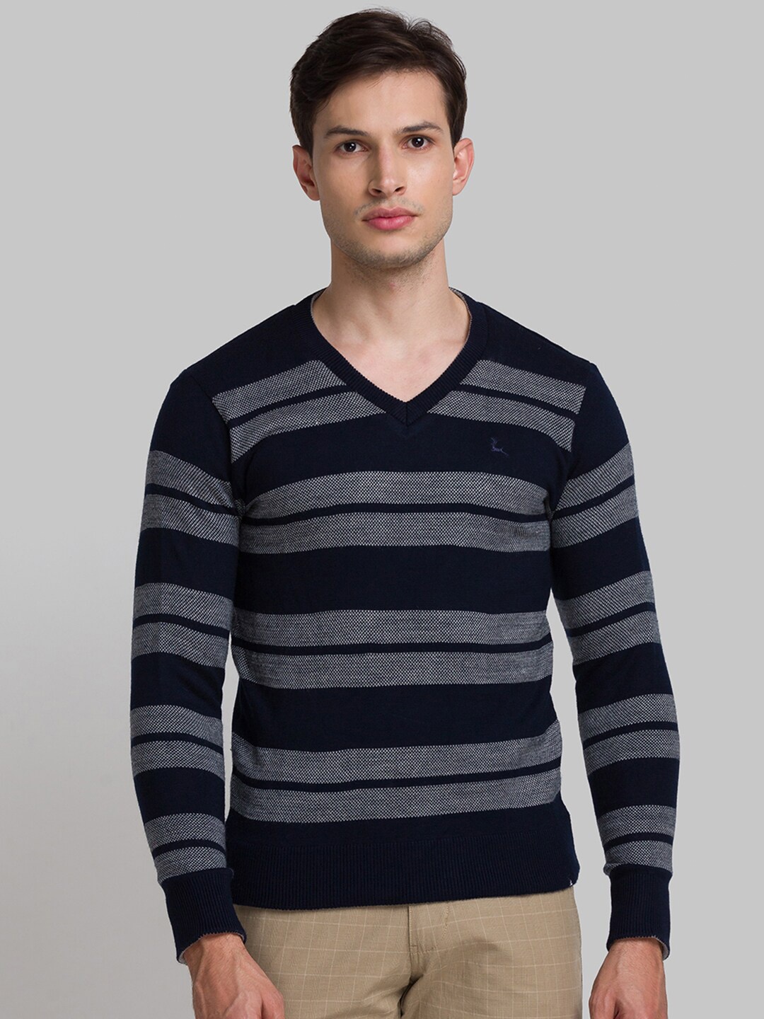 

Parx Men Navy Blue & Grey Acylic Striped Pullover