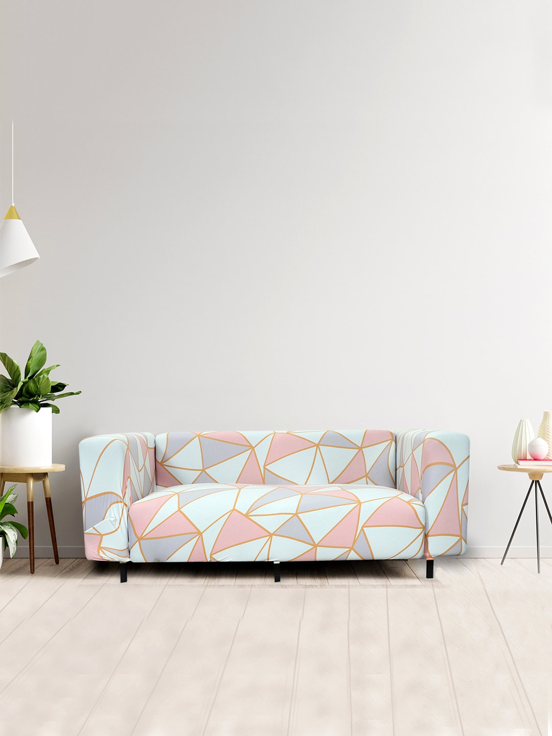 

HOUSE OF QUIRK Blue & Pink Geometric Printed 1 Seater Stretchable Sofa Cover
