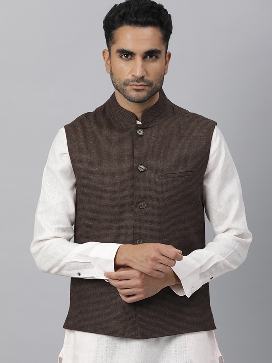 

RARE RABBIT Men Brown Self-Design Linen Woven Nehru Jacket