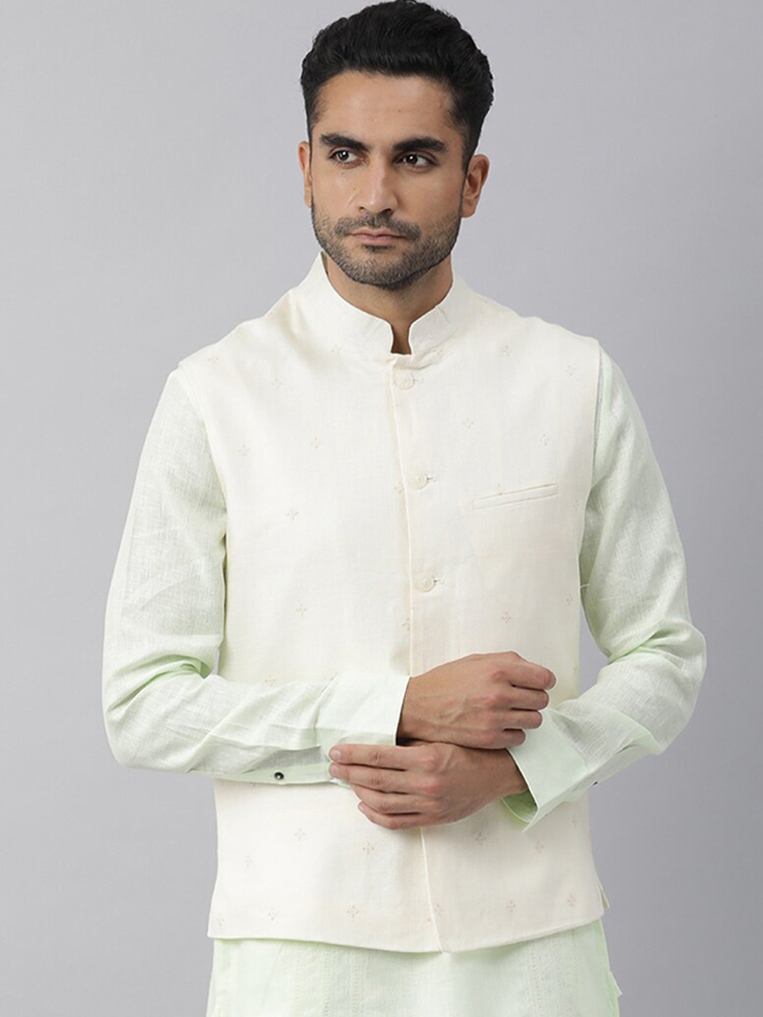 

RARE RABBIT Men Lock Slim Fit Solid Linen Nehru Jacket, Yellow