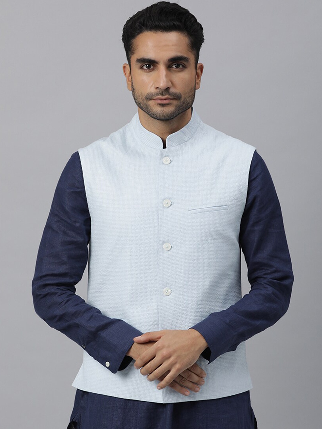 

RARE RABBIT Men Blue Solid Woven-Design Nehru Jacket