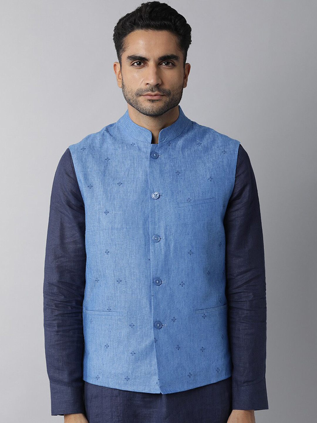 

RARE RABBIT Men Blue Solid Woven Nehru Jacket
