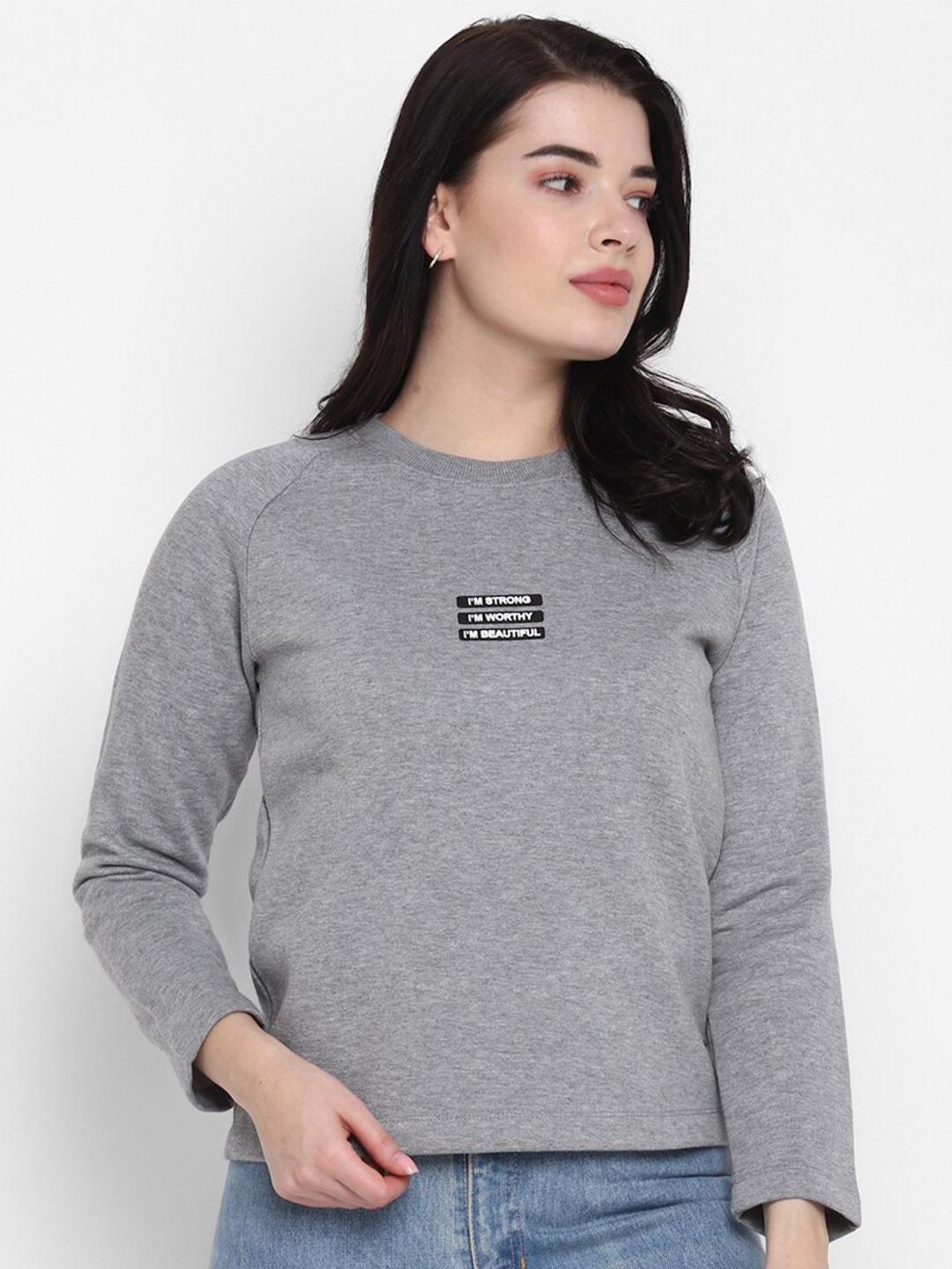 

LAMOURE BY RED CHIEF Women Grey Melange Solid Round Neck Sweatshirt