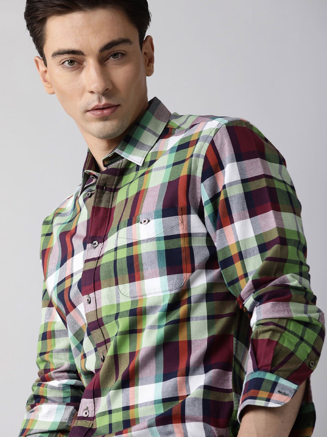 

RARE RABBIT Men Green Tailored Fit Tartan Checks Opaque Checked Casual Shirt