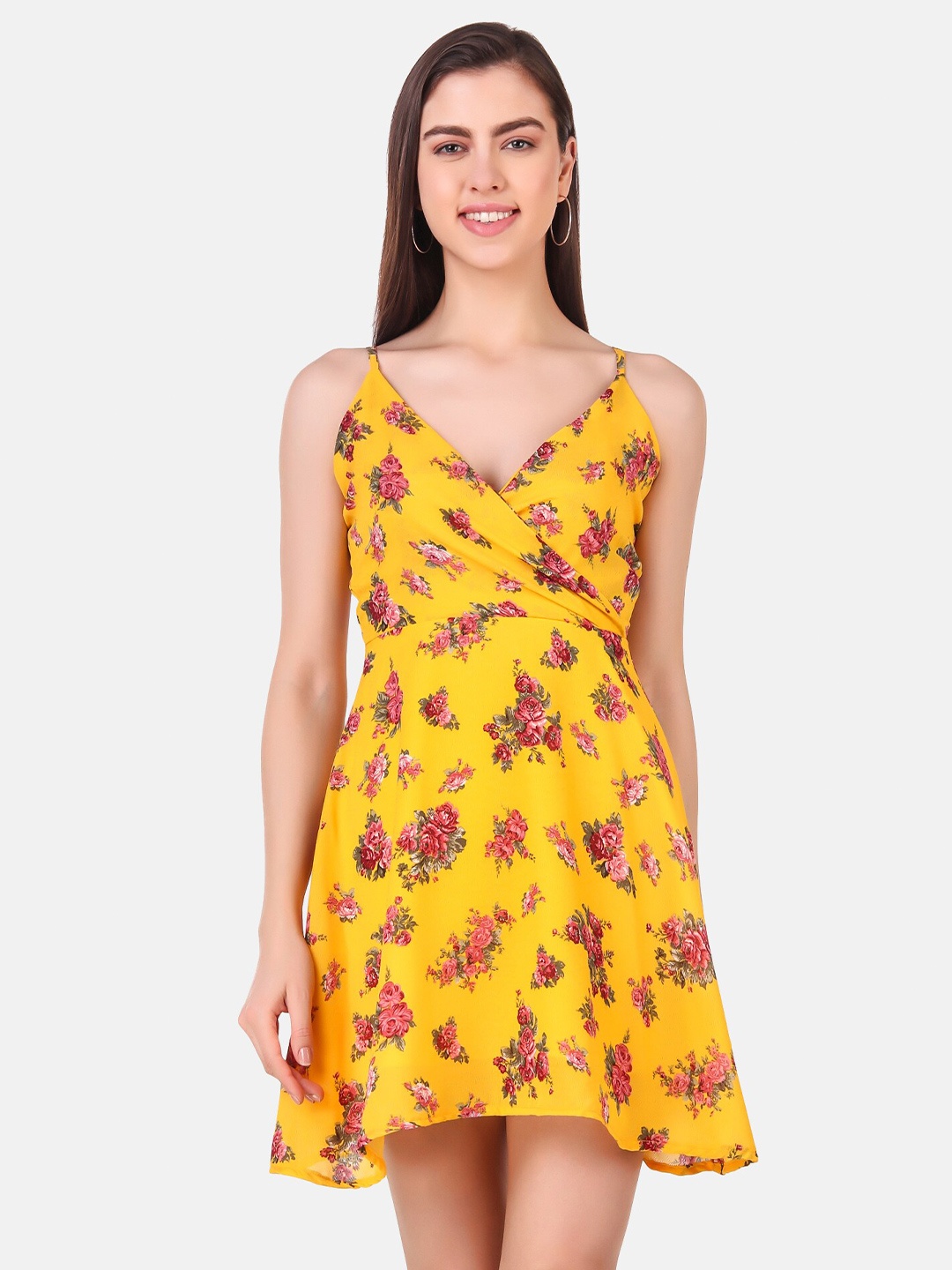 

Istyle Can Mustard Yellow Floral Georgette Dress