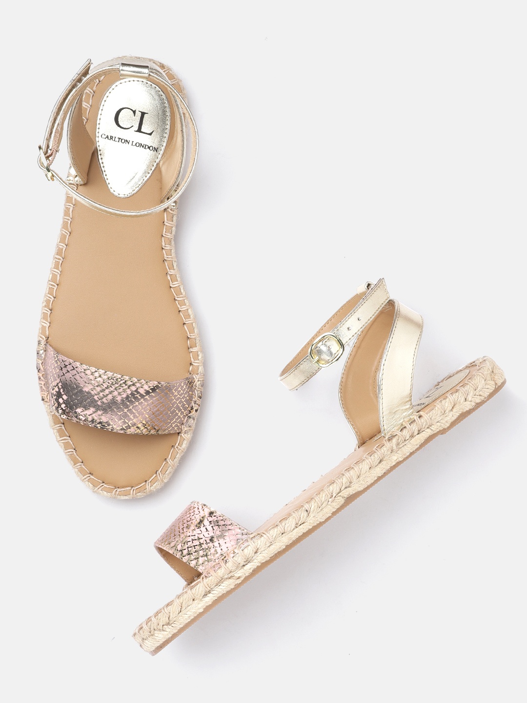 

Carlton London Women Pink & Gold-Toned Snakeskin Print Open Toe Espadrilles Flats