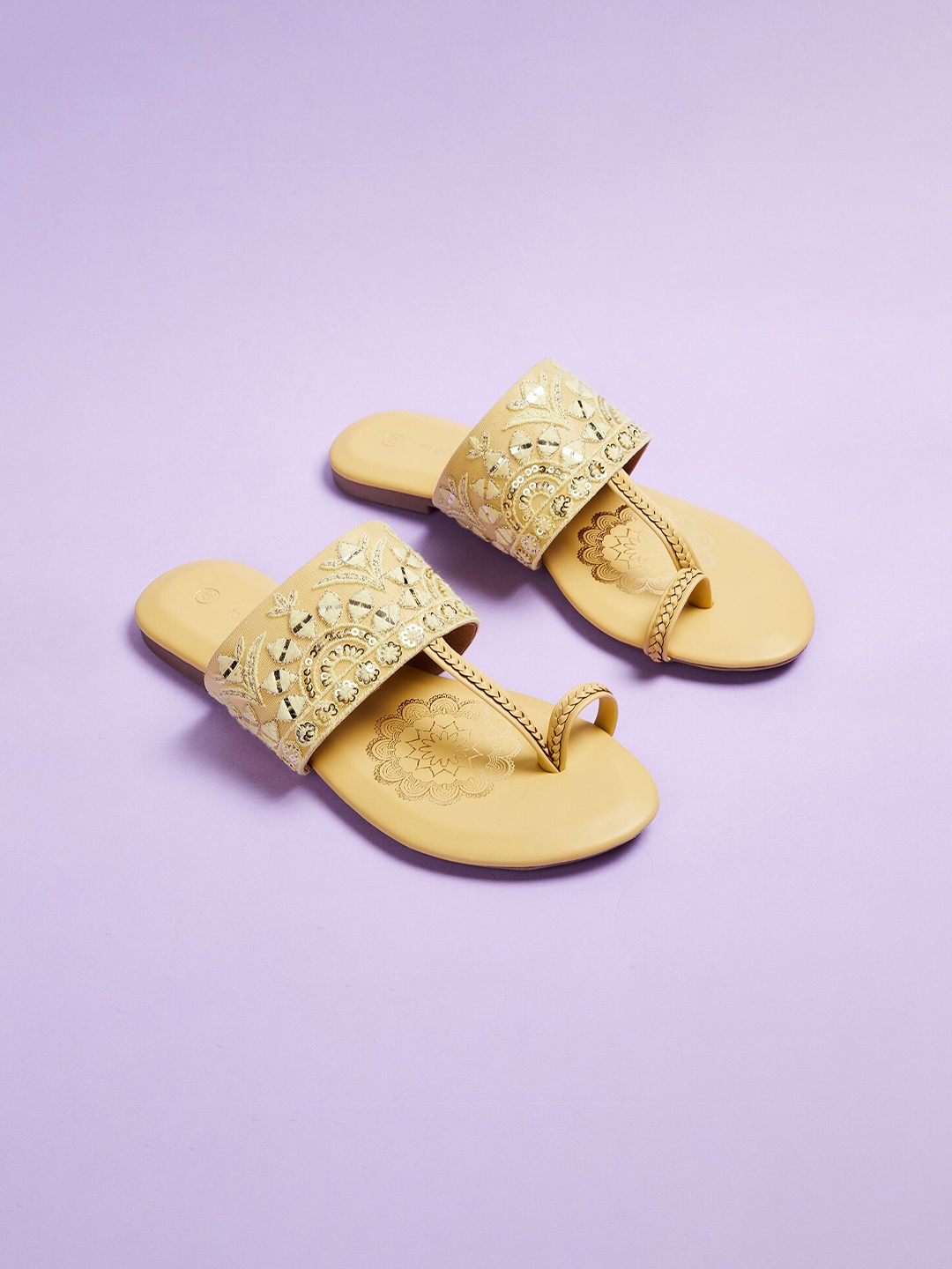 

Melange by Lifestyle Women Yellow Embellished Leather Ethnic T-Strap Flats