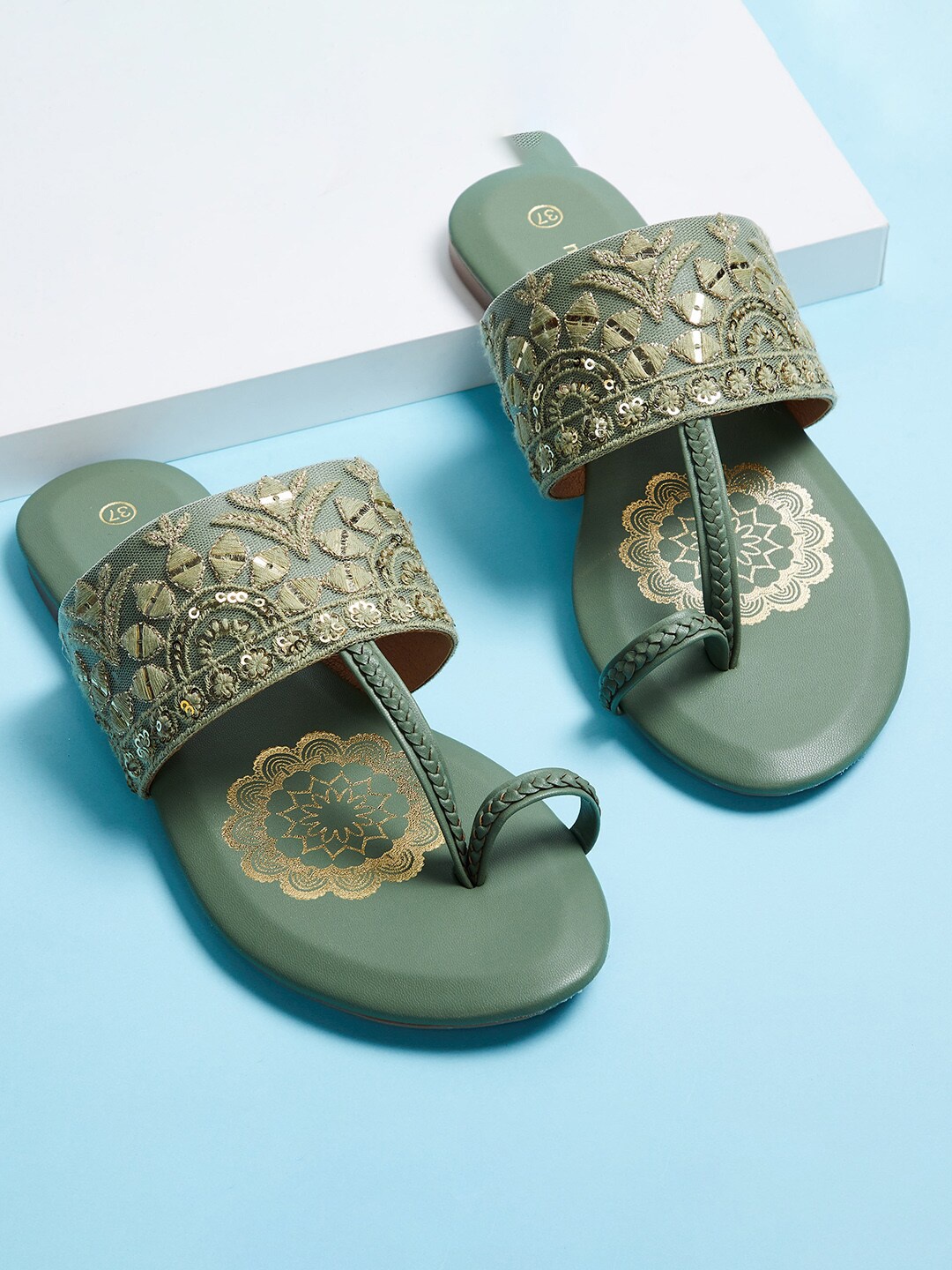 

Melange by Lifestyle Women Green Embellished Leather Ethnic One Toe Flats