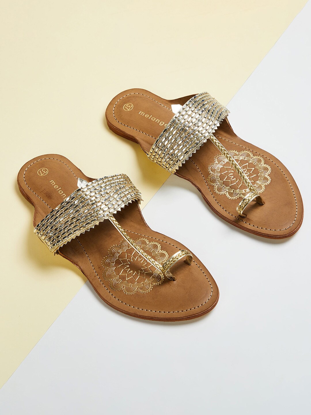 

Melange by Lifestyle Women Gold-Toned Ethnic T-Strap Flats