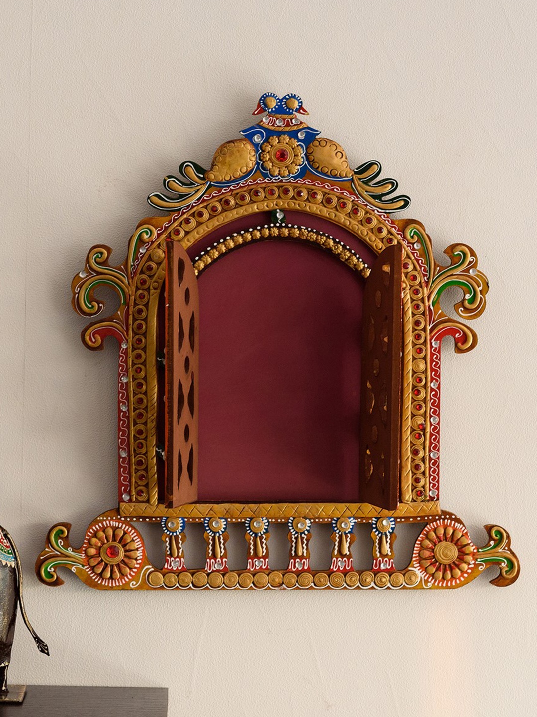 

eCraftIndia Yellow & Red Papier-Mache Wooden Jharokha Wall Hanging