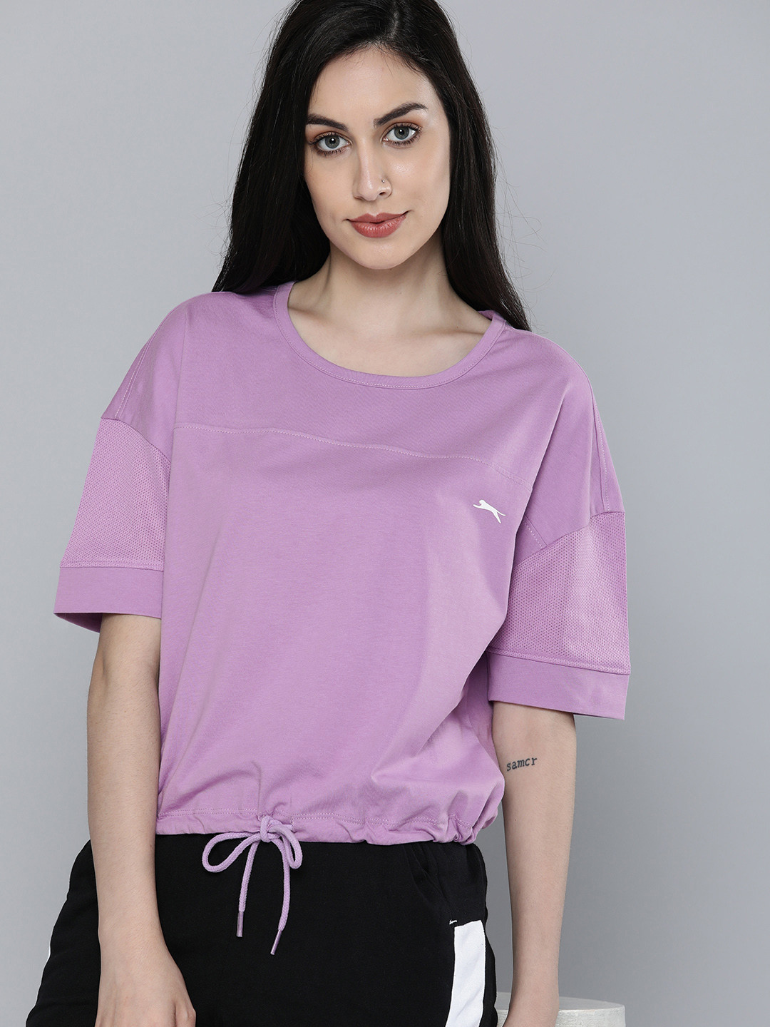 

Slazenger Women Lavender Brand Logo Printed Pure Cotton T-shirt With Tie-Up Detail