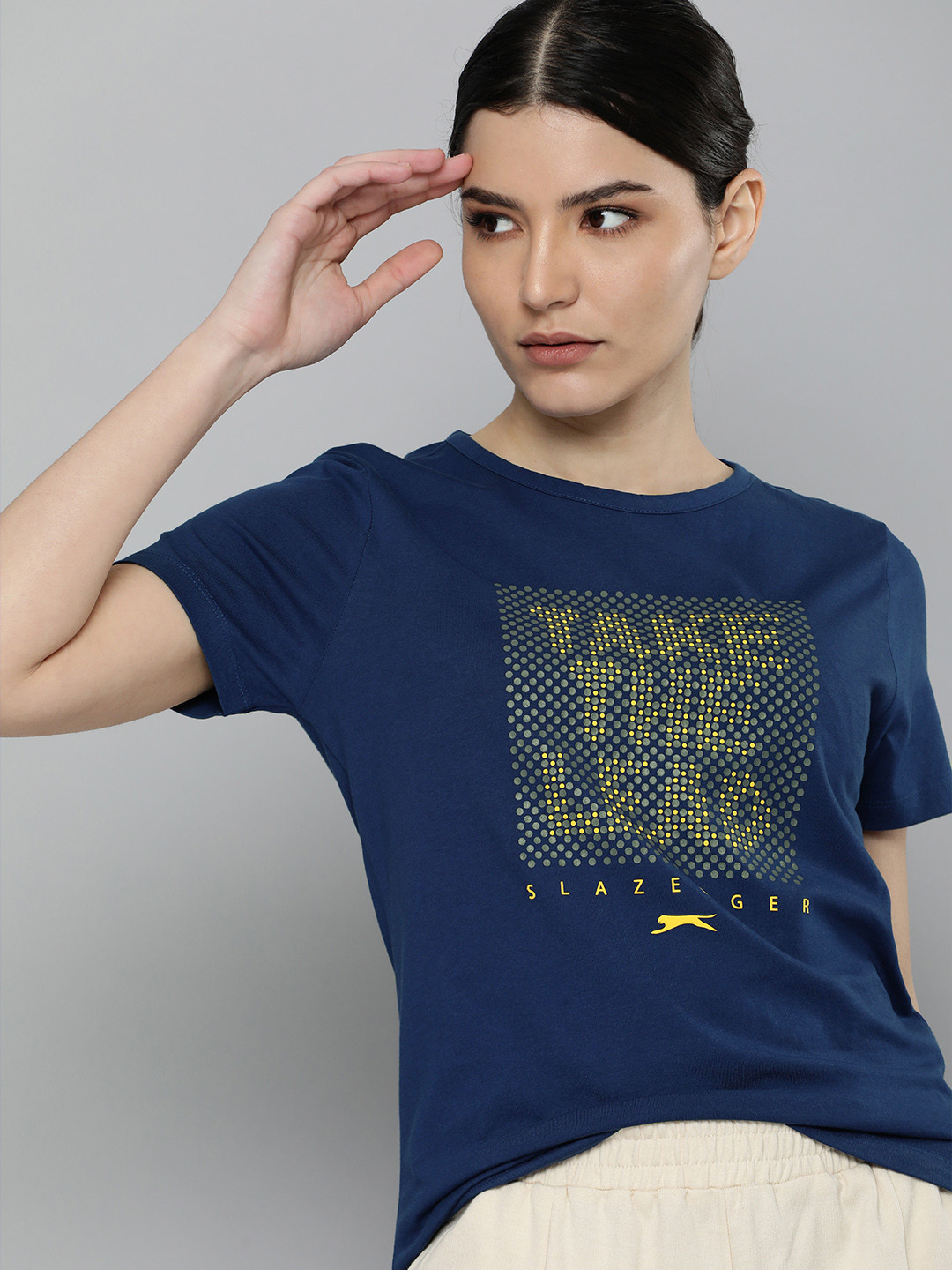 

Slazenger Women Navy Blue Typography Printed Pure Cotton Athleisure T-shirt