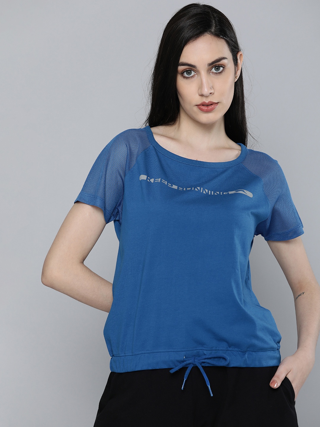 

Slazenger Women Blue Typography Printed Pure Cotton T-shirt With Tie-Up Detail