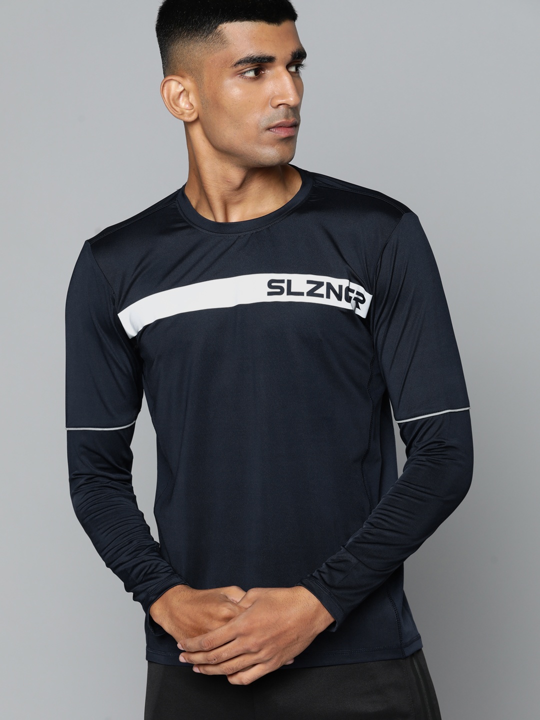 

Slazenger Men Navy Blue Brand Logo Printed Antimicrobial T-shirt