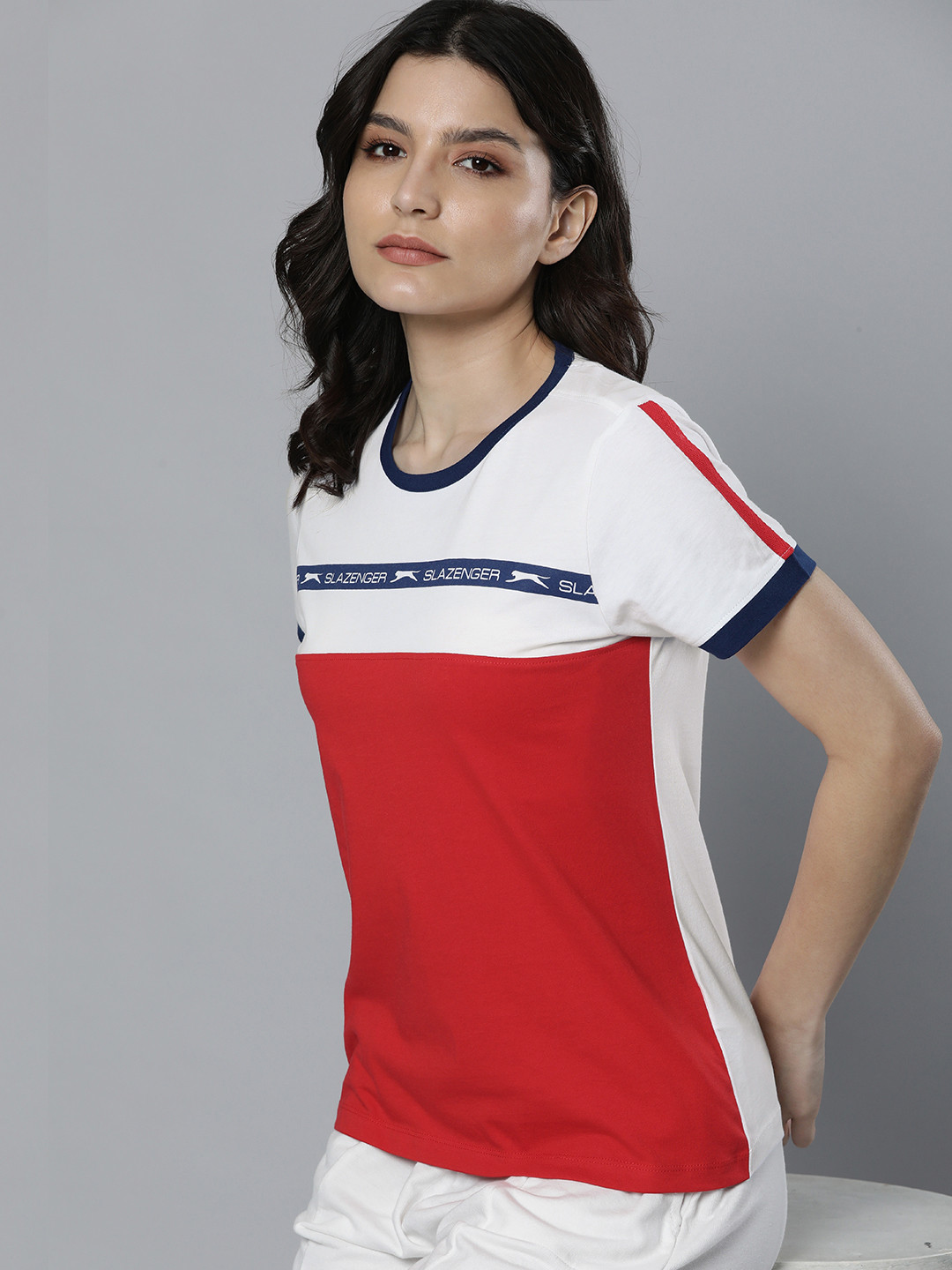 

Slazenger Women White & Red Colourblocked Pure Cotton T-shirt