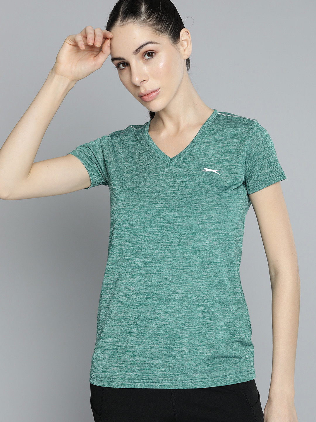 

Slazenger Women Green & Grey Melange Slim Fit V-Neck T-shirt