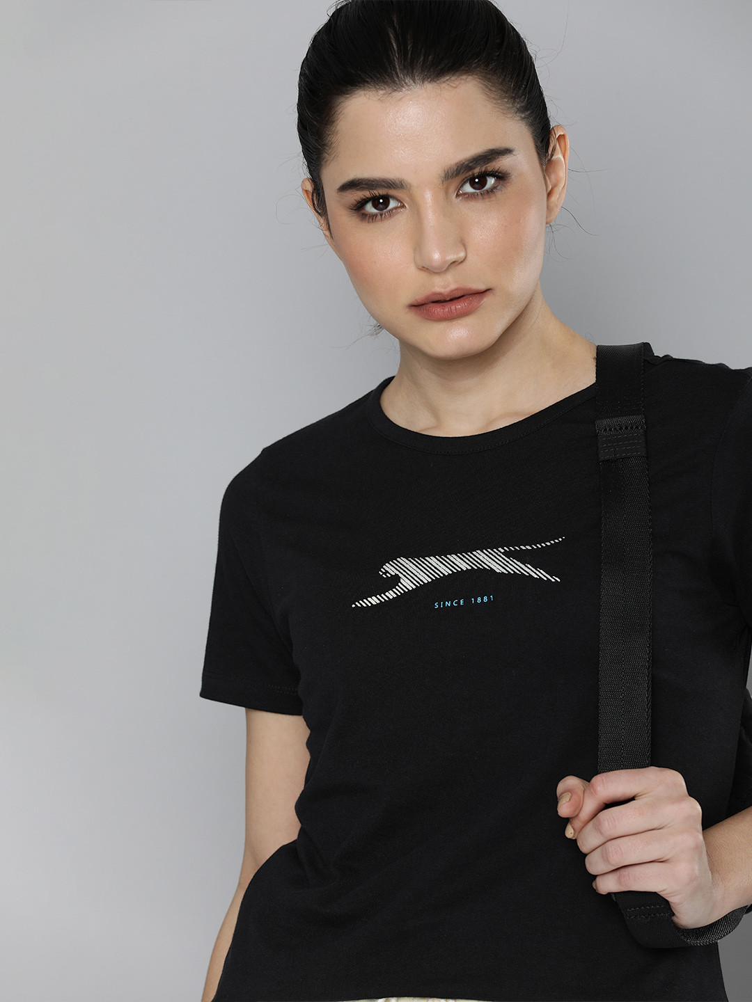 

Slazenger Women Black Brand Logo Printed Pure Cotton Athleisure T-shirt