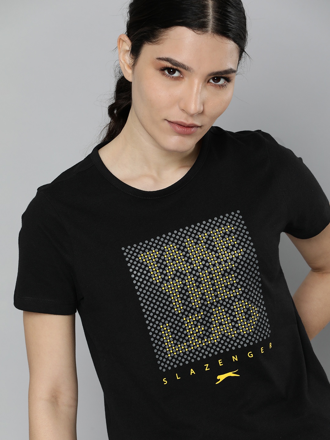 

Slazenger Women Black Typography Printed Pure Cotton Athleisure T-shirt