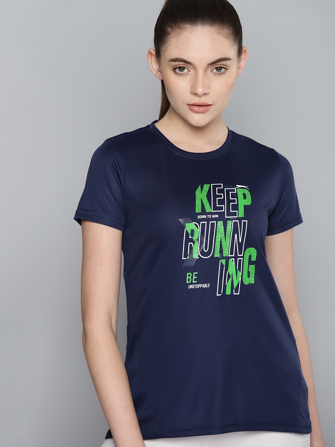 

Slazenger Women Navy Blue & Green Printed Running T-shirt