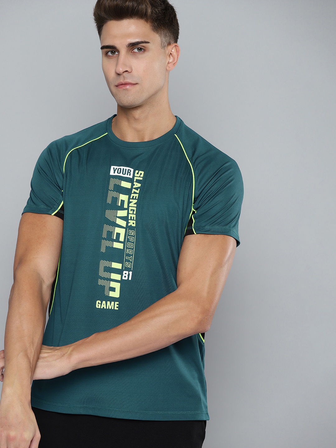 

Slazenger Men Teal Blue & Fluorescent Green Typography Printed T-shirt