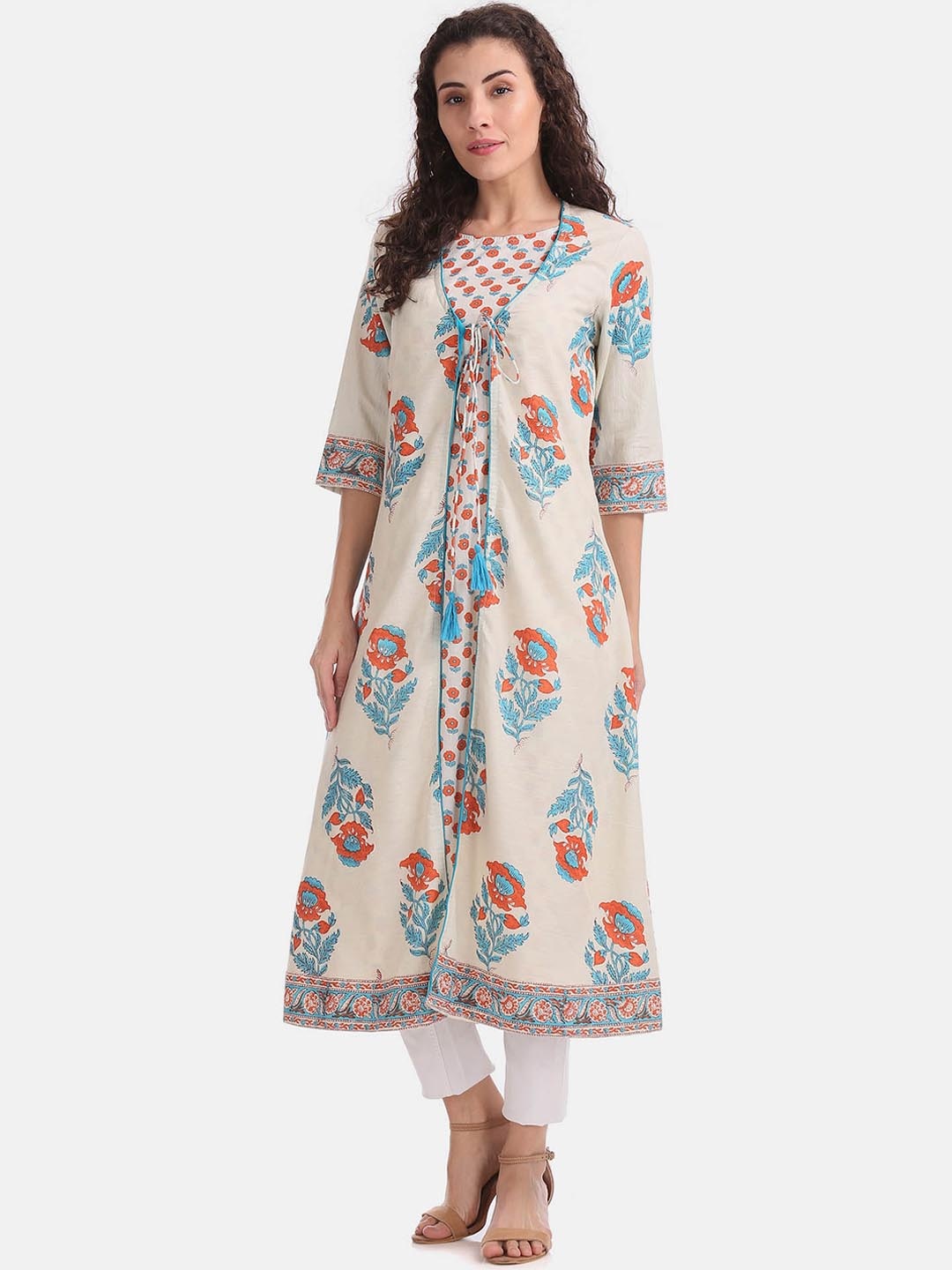 

Anahi Women White Floral Embroidered Kurta With Coverup