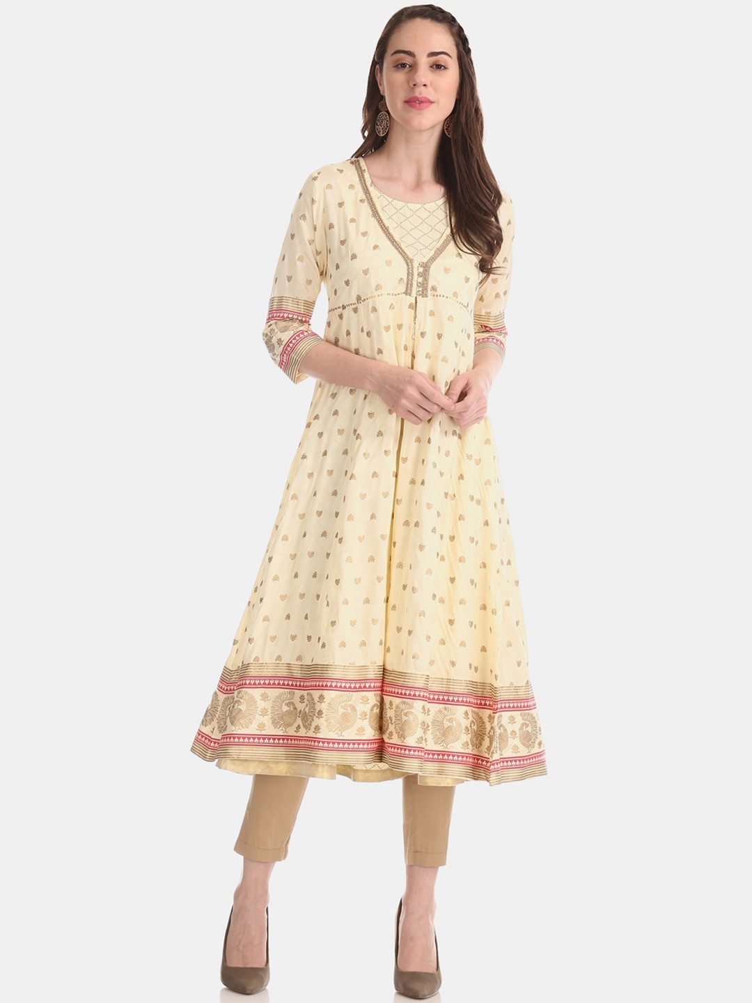

Anahi Women Beige & Gold-Toned Ethnic Motifs Anarkali Kurta