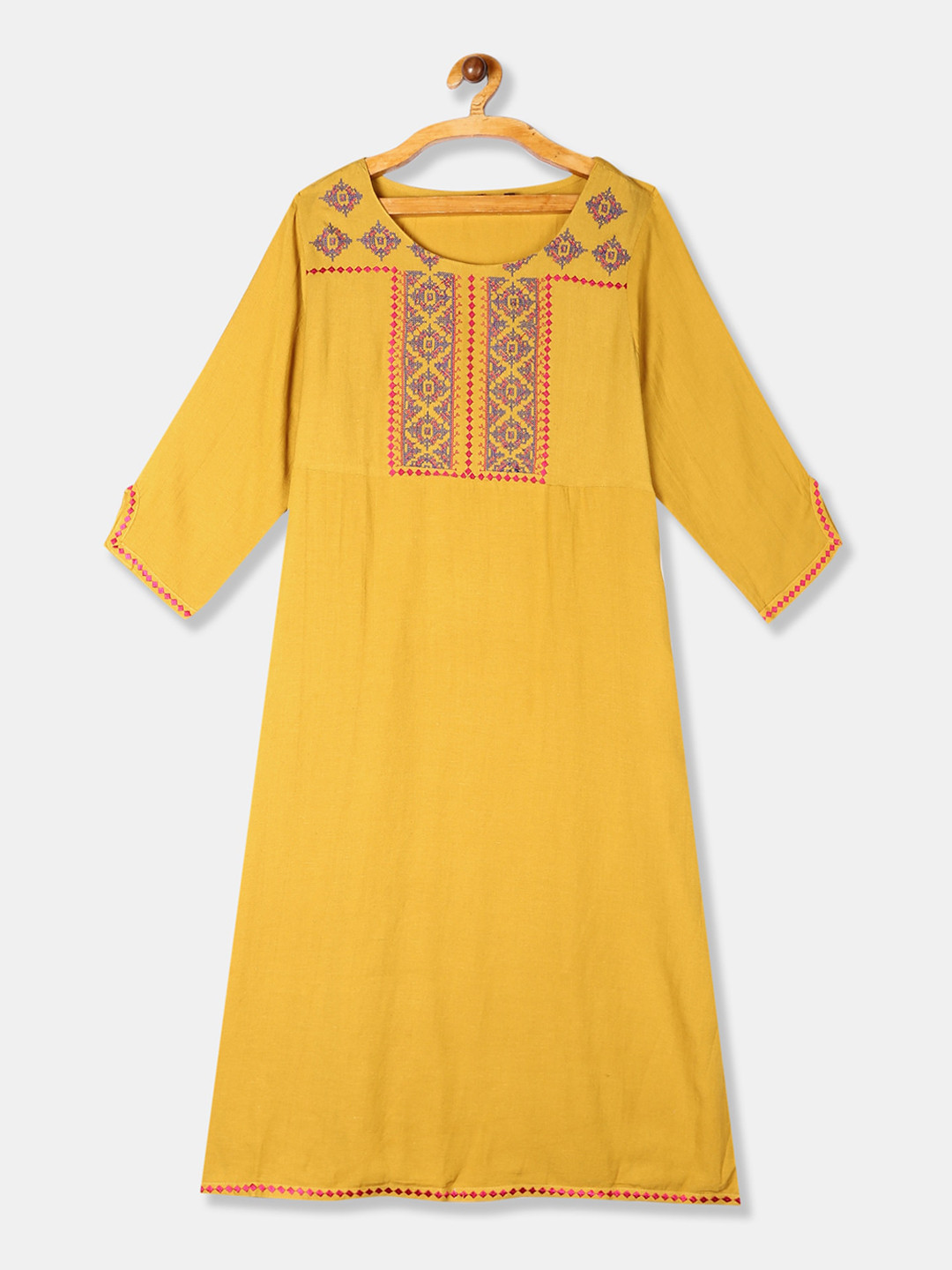 

Anahi Women Yellow Flared Sleeves Thread Work Kurta
