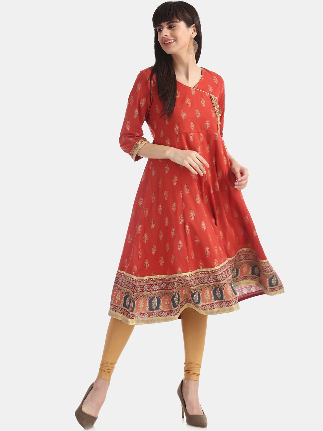 

Anahi Women Orange & Gold-Toned Ethnic Motifs Printed Pure Cotton Anarkali Kurta