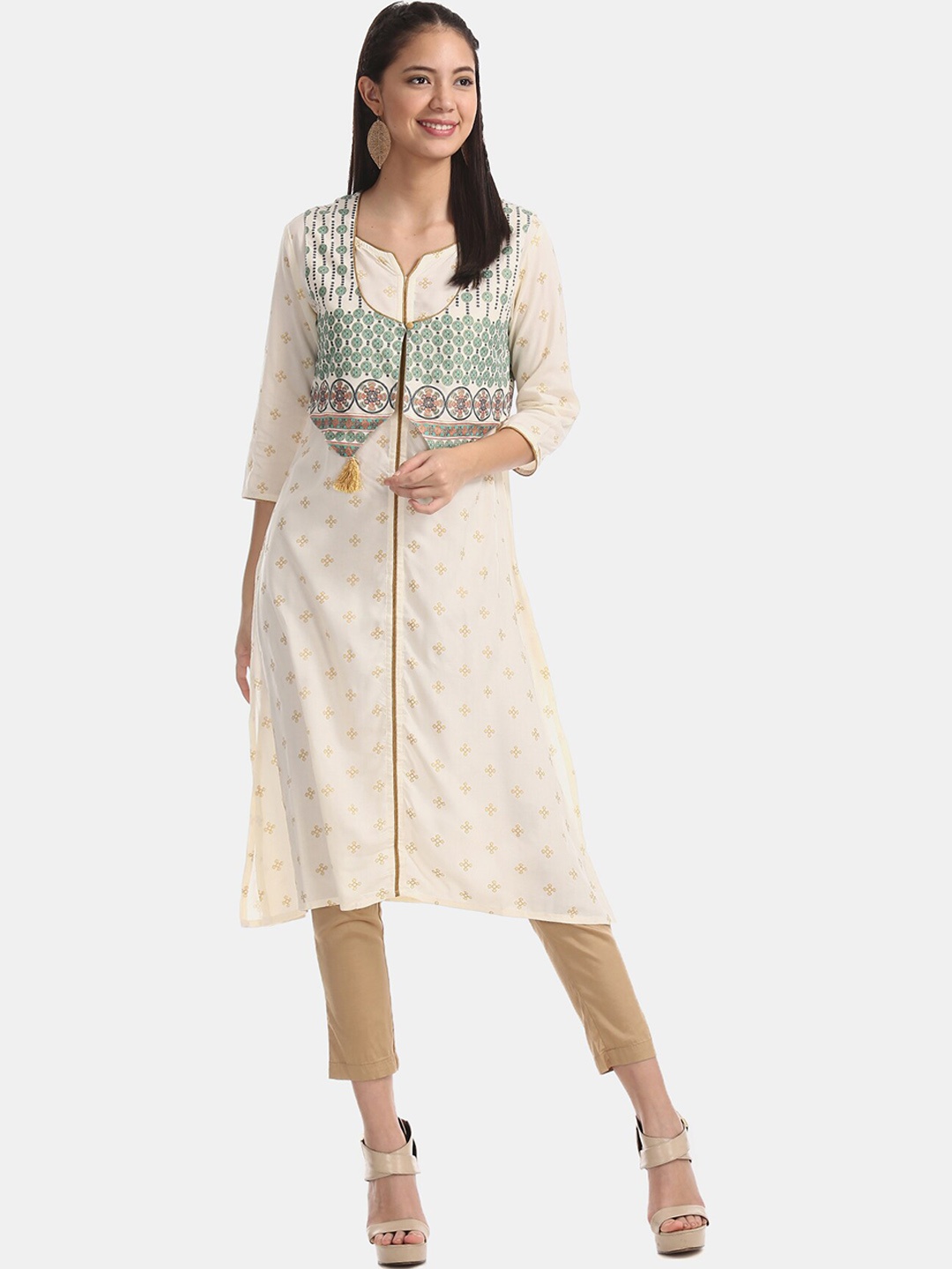 

Anahi Women Off White & Yellow Ethnic Motifs Printed Kurta With Cropped Jacket