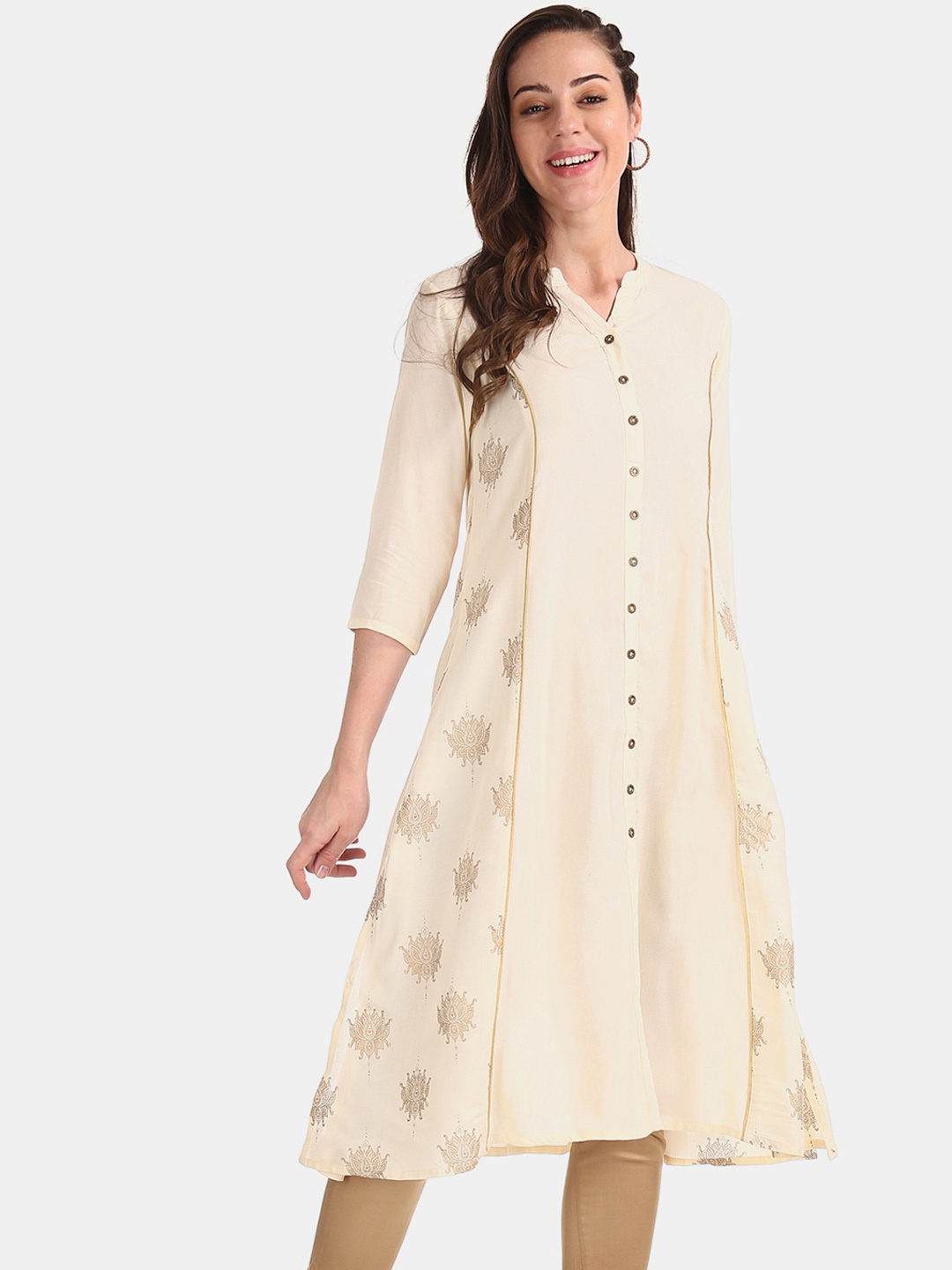 

Anahi Women Off White & Gold-Toned Ethnic Motifs Printed Indie Prints Kurta