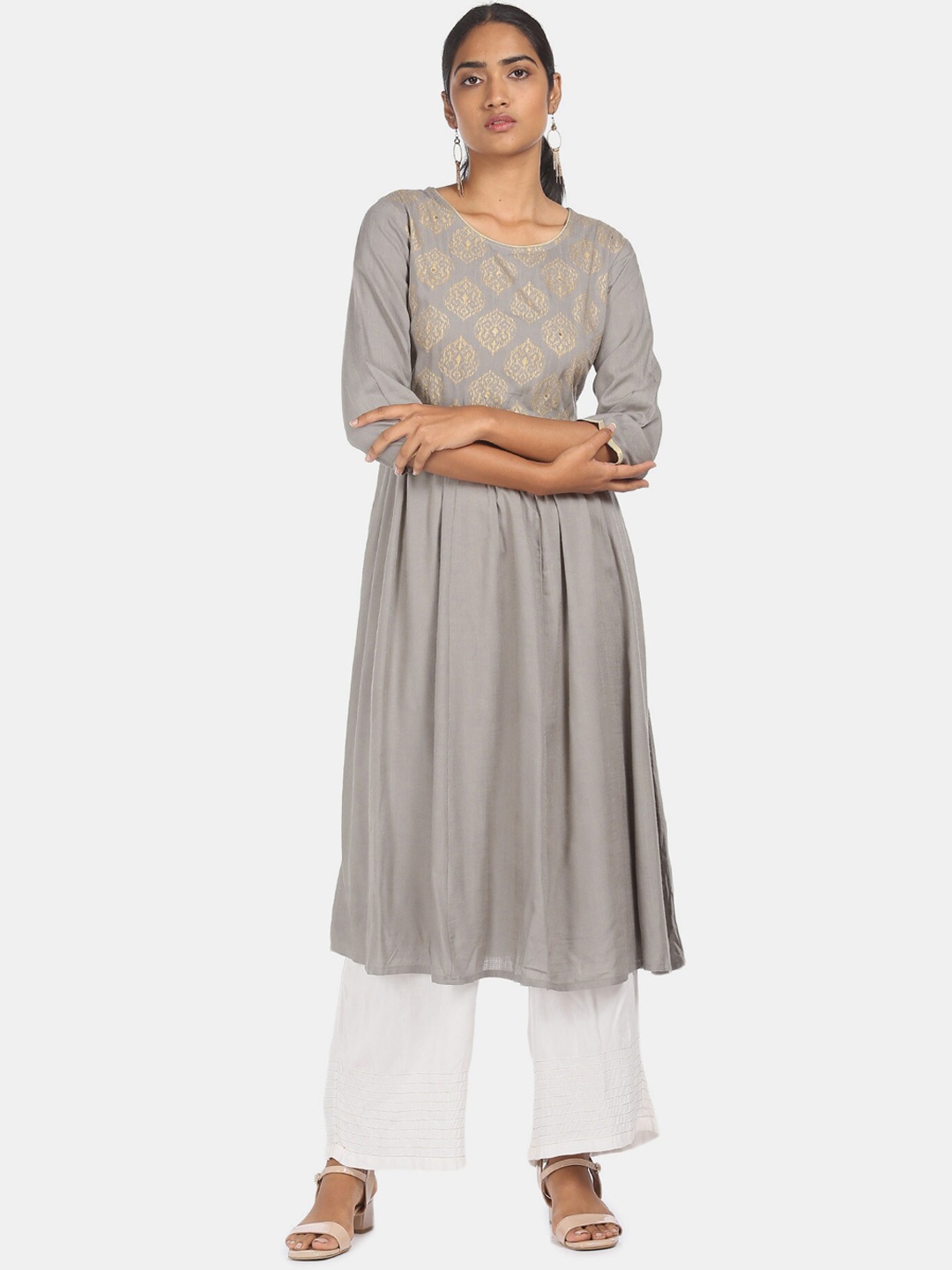 

Anahi Women Grey & Gold-Toned Ethnic Motifs Yoke Design Kurta