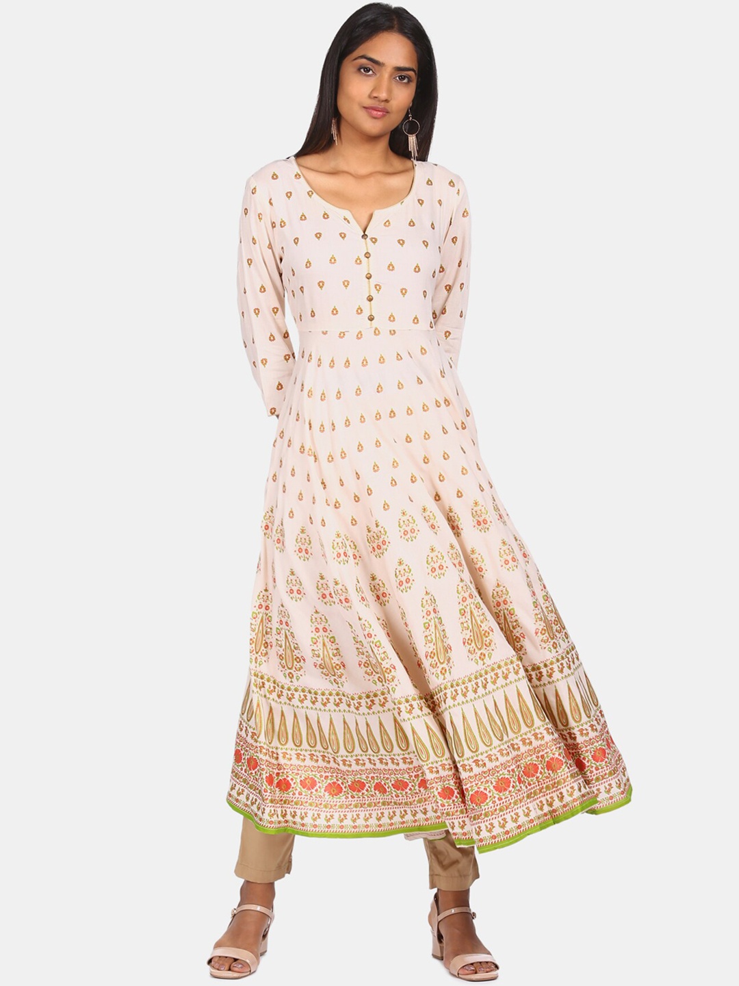

Anahi Women Beige & Green Ethnic Motifs Embroidered Anarkali Kurta