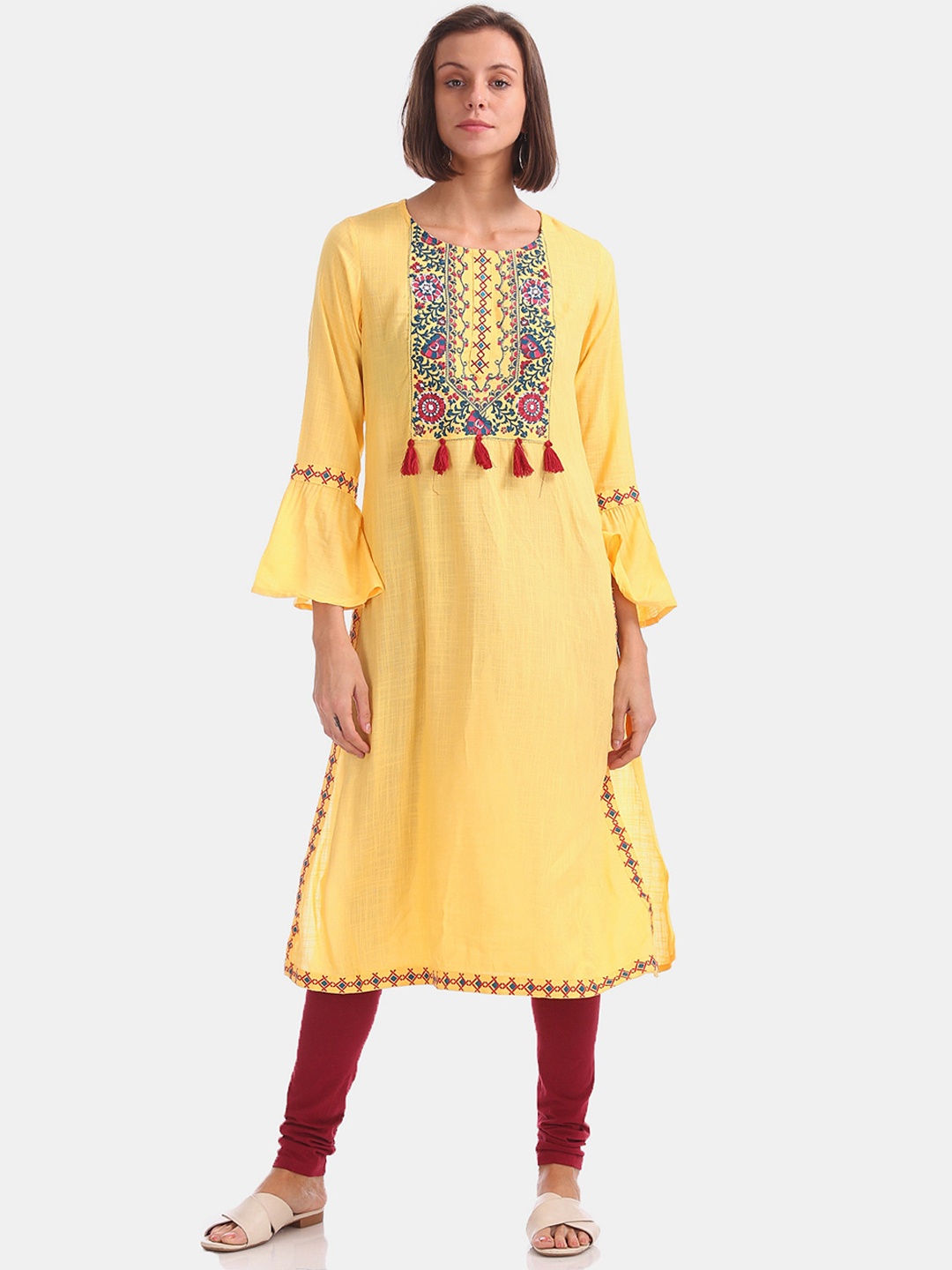 

Anahi Women Yellow & Pink Floral Yoke Design Bell Sleeves Kurta