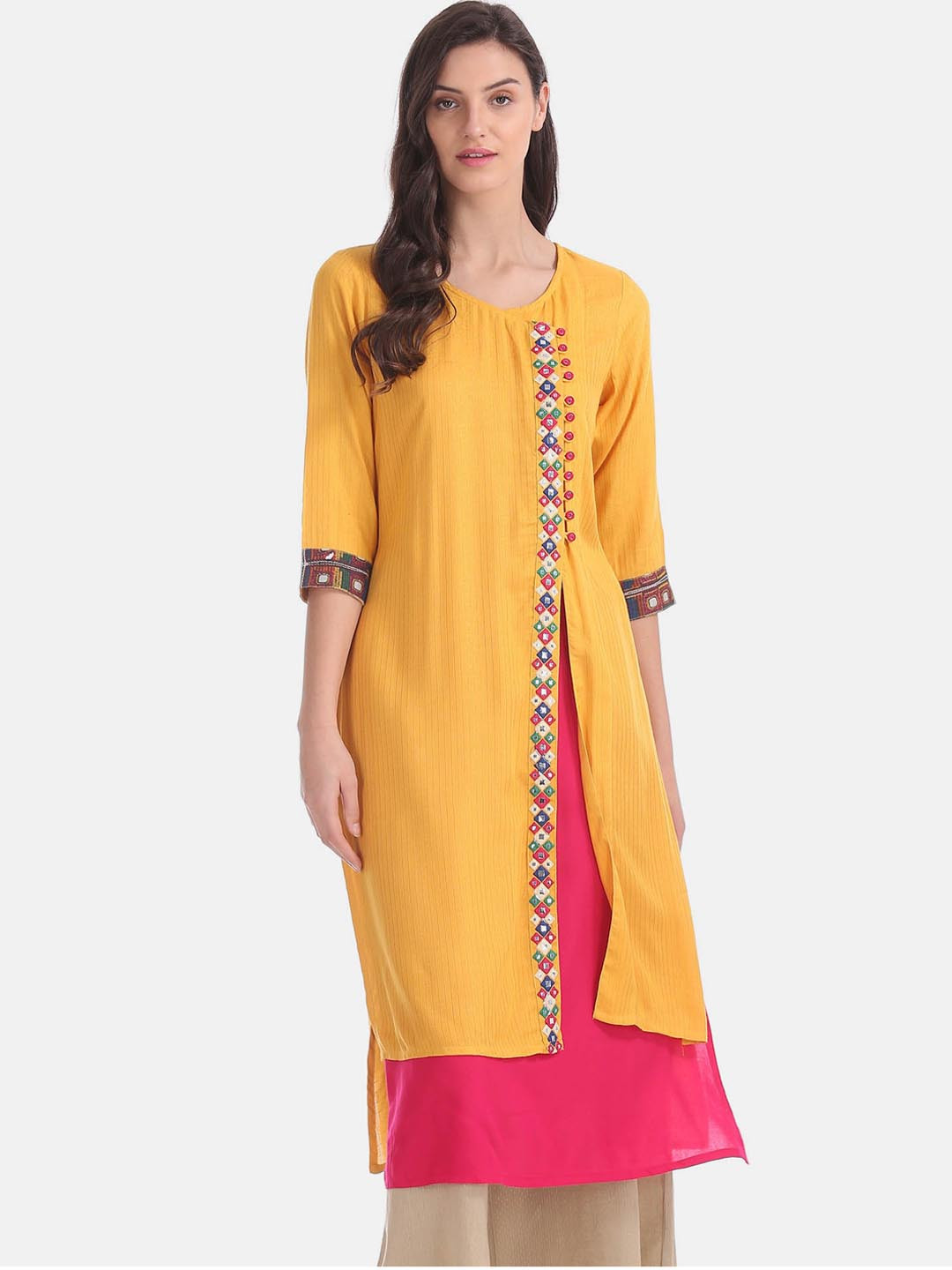 

Anahi Women Yellow & Pink Striped Mirror Work Kurta