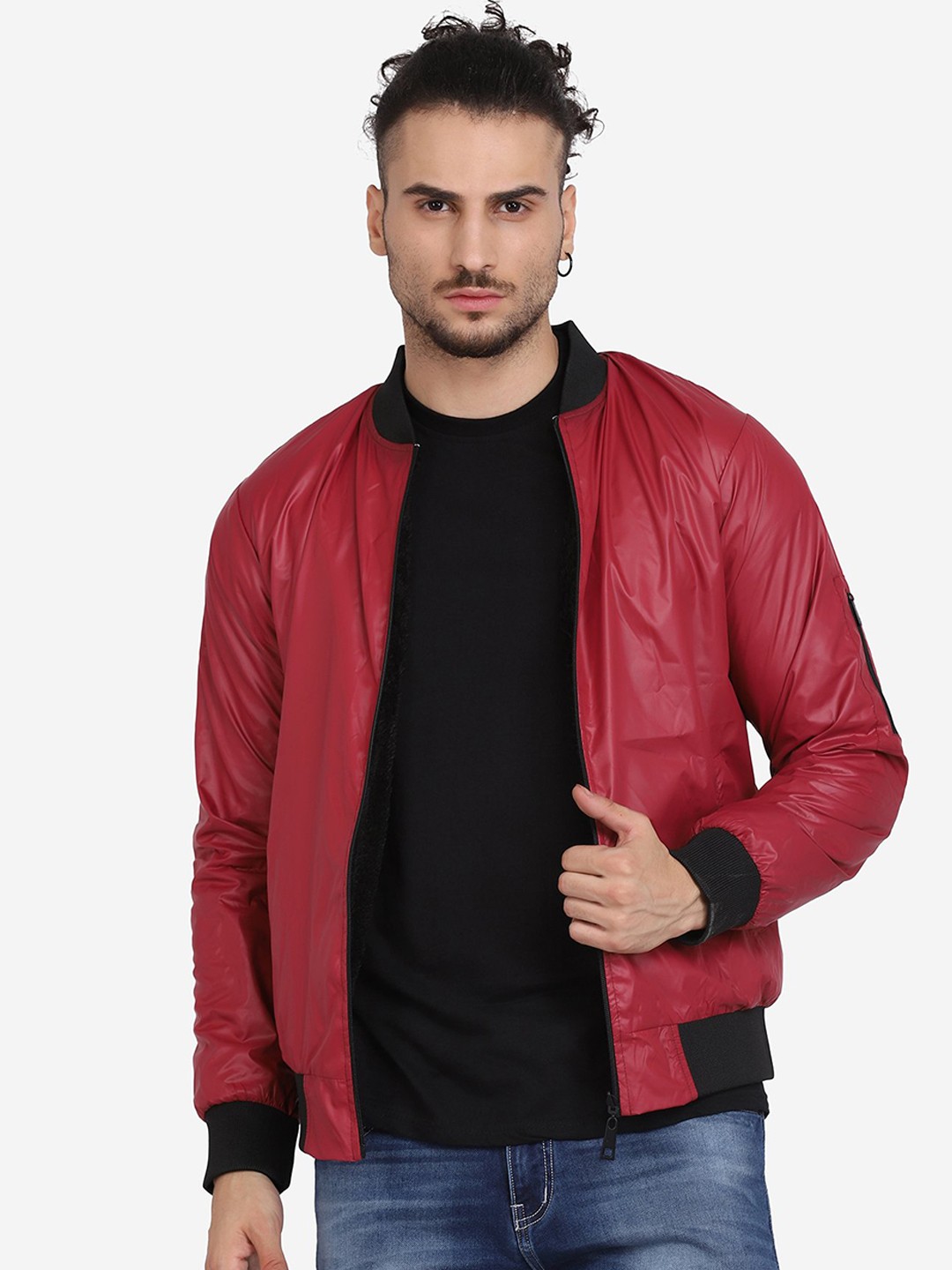 

Aesthetic Bodies Men Maroon & Black Solid Reversible Bomber Jacket