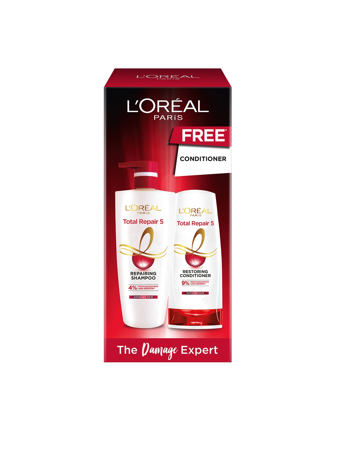 

LOreal Total Repair 5 Damaged Hair Repairing Shampoo with Free Restoring Conditioner, Red