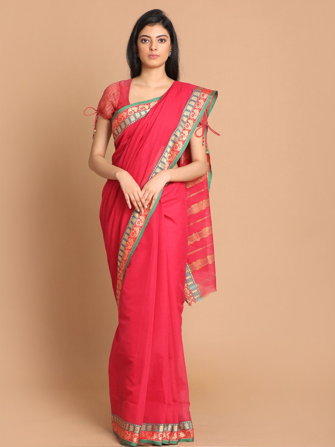 

Indethnic Fuchsia & Green Zari Pure Cotton Saree