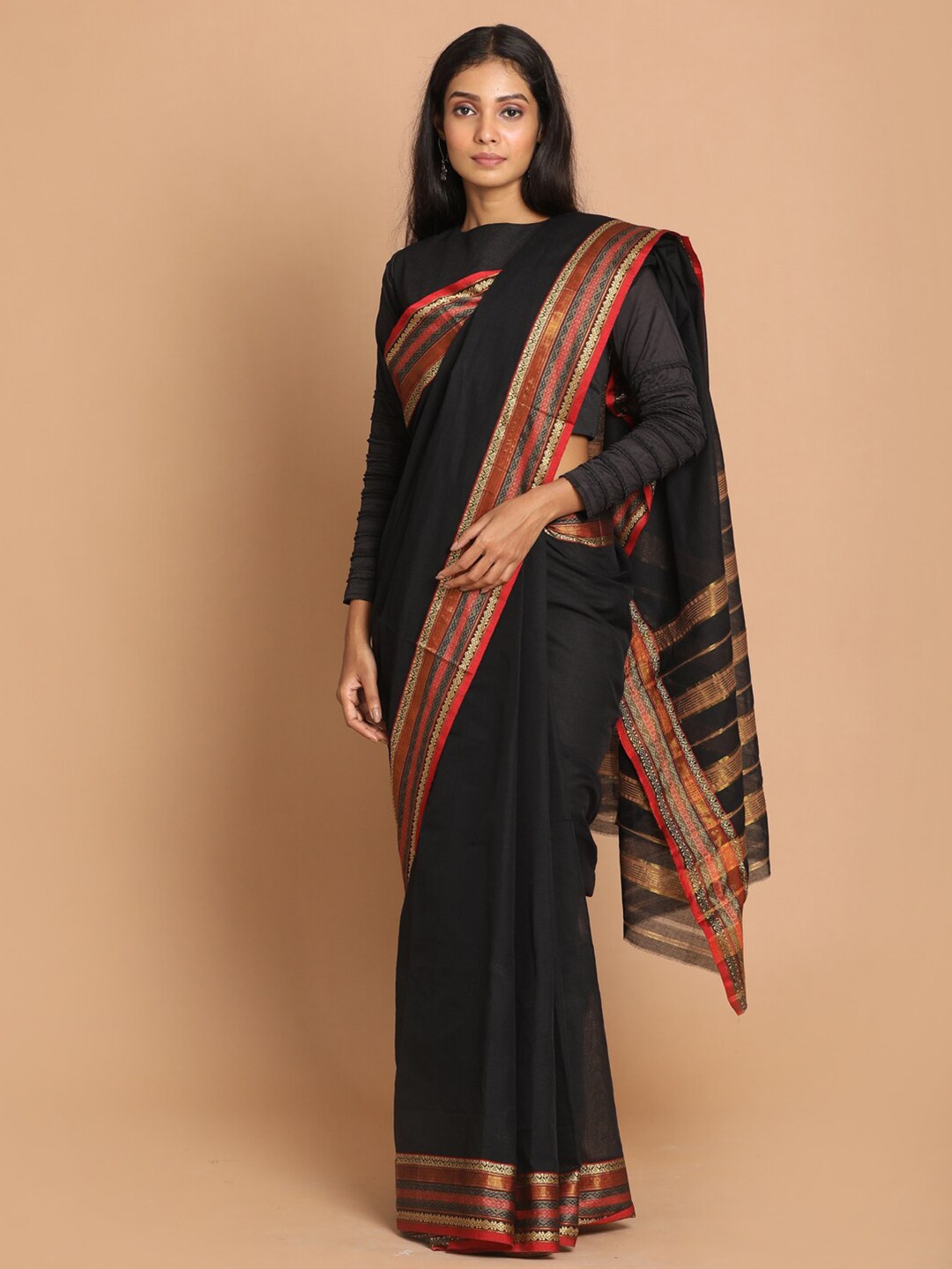 

Indethnic Black & Red Zari Pure Cotton Saree