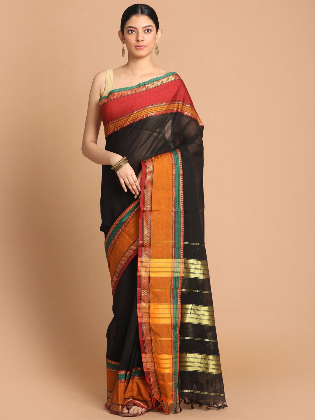 

Saranee Black & Orange Zari Pure Cotton Saree