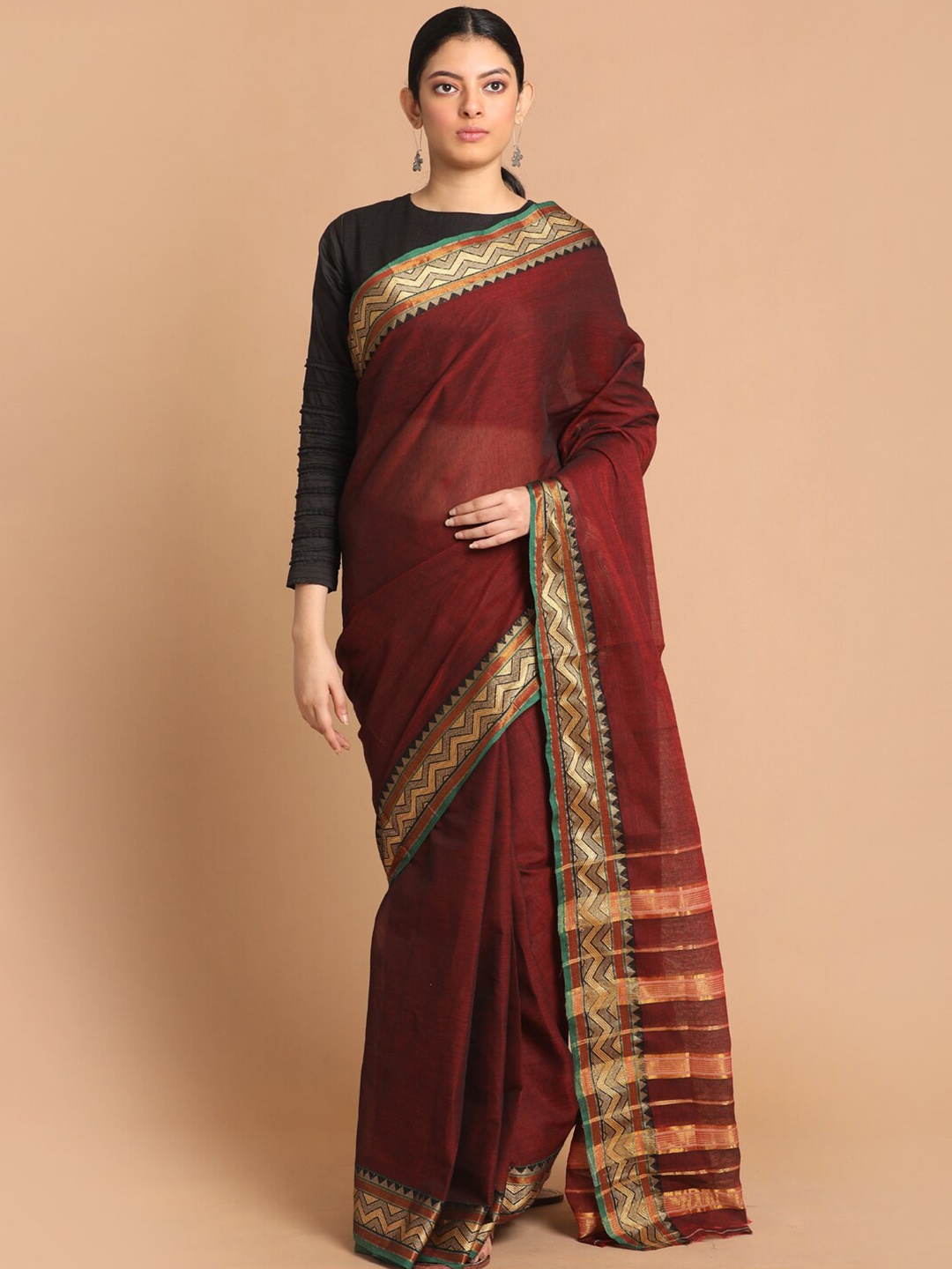 

Saranee Brown & Green Zari Pure Cotton Saree