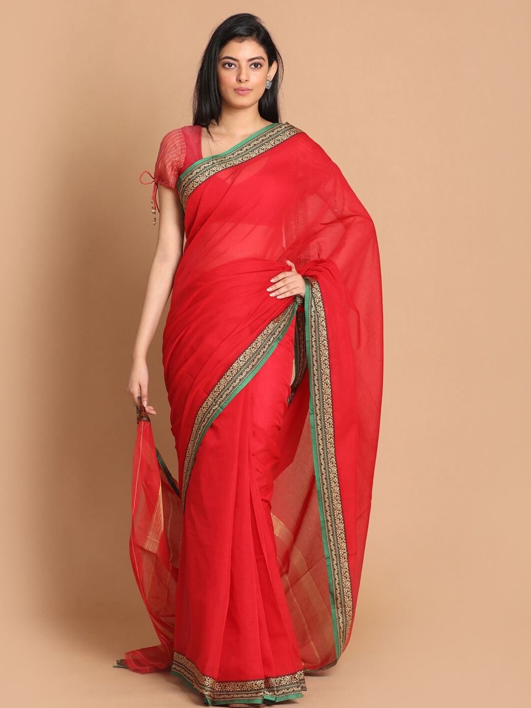 

Indethnic Fuchsia & Green Zari Pure Cotton Saree