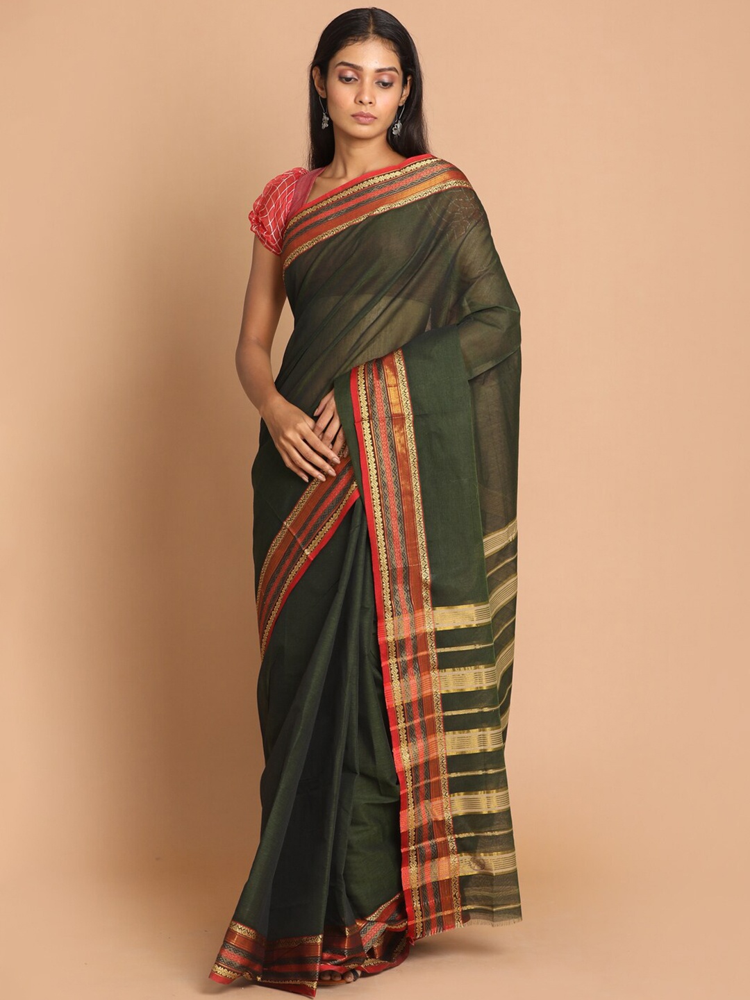 

Saranee Olive Green & Red Zari Pure Cotton Saree