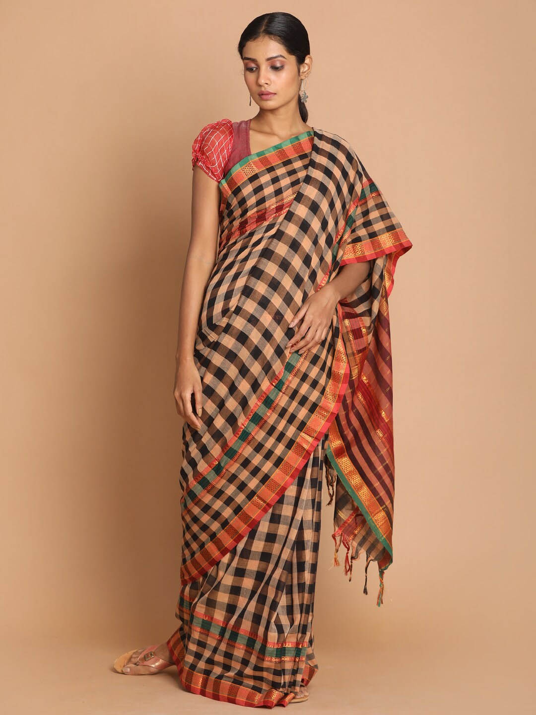 

Saranee Beige & Black Checked Zari Pure Cotton Saree