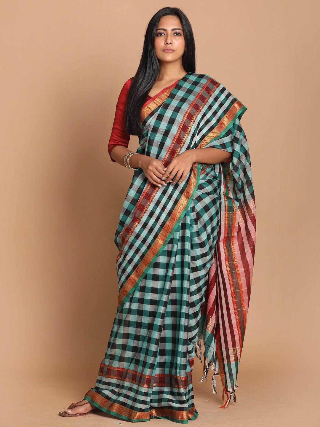 

Saranee Green & Red Checked Zari Pure Cotton Saree