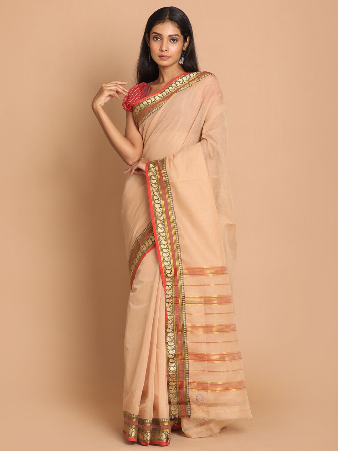 

Saranee Beige & Gold-Toned Zari Pure Cotton Saree