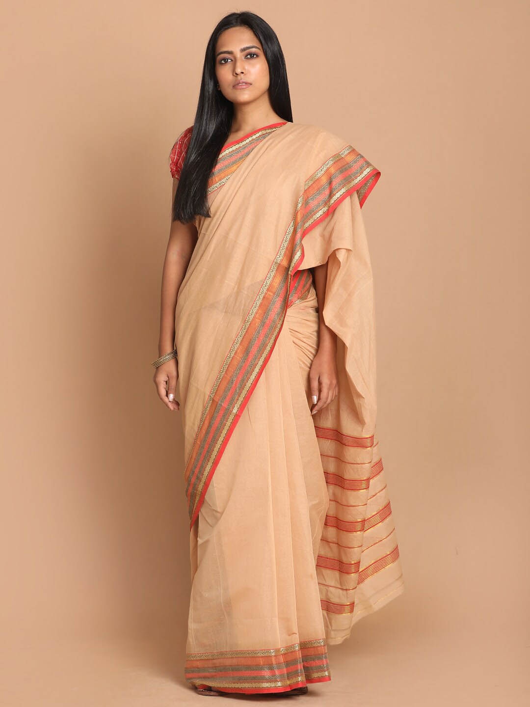 

Saranee Beige & Red Zari Pure Cotton Saree